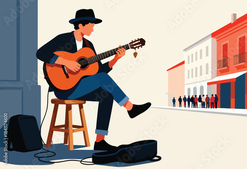 A street musician sits playing guitar, with buildings and a crowd in background. A guitar case and amp present