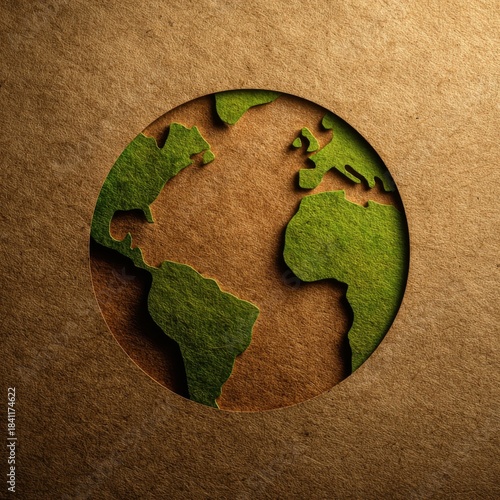 Globe map silhouette cut out from brown recycled paper revealing lush green textured landmasses.