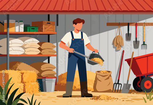 A farmer in overalls scoops feed into a sack in a barn with supplies and tools. Red roof tops it