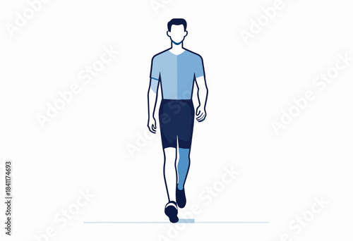 A flat illustration of a person in activewear walking forward on a white background. The colors are blue