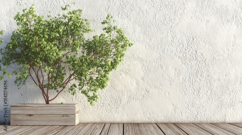 Green leafy tree growing in a natural wood planter box against a textured white stucco wall with a wooden deck floor.