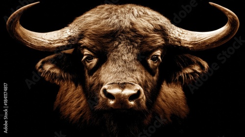Powerful african cape buffalo headshot portrait in sepia tone isolated on a dramatic black background.