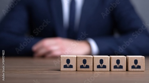 Professional manager evaluating candidates represented by wooden selection blocks on a wooden desk, symbolizing recruitment and hr decisions.