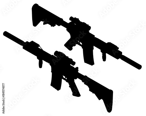 Two black and white assault rifle silhouettes on a clean white background. This automatic weapon set is presented in a stark, minimalist style for design projects.