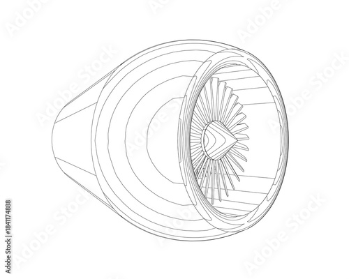 A jet engine contour drawing on white features a central fan with symmetrical, radiating blades. The curved blades and surrounding light halo create a futuristic technical illustration.