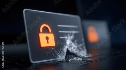 Suspicious financial request: Laptop showing an email asking for banking credentials, padlock icons on the screen visibly broken and cracked