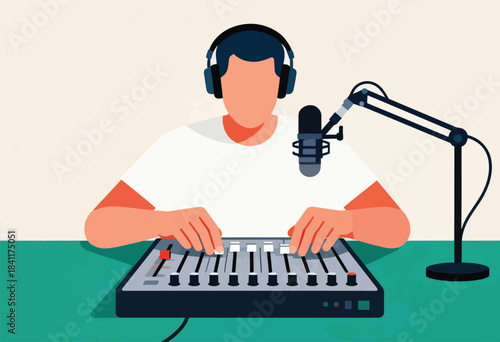 Illustration of a person with headphones, operating a mixing console, microphone on the side