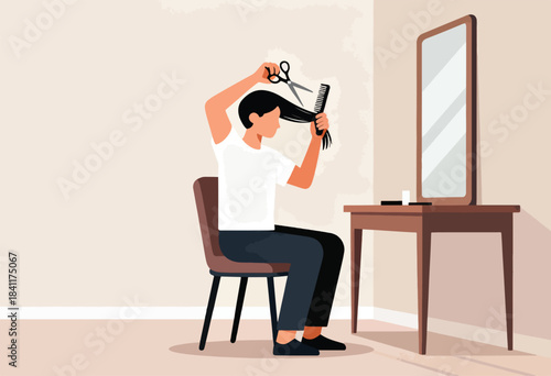 A person with dark hair, cutting their hair at home in front of a mirror with scissors and comb