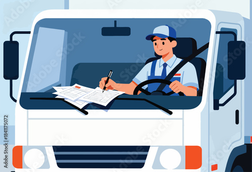An illustration depicting a driver in a delivery truck filling out paperwork. The driver wears a hat and uniform