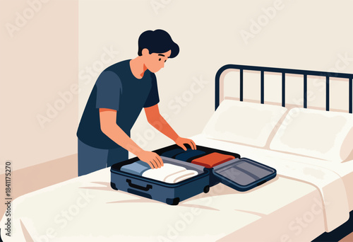 An illustration shows a person packing a suitcase on a bed. Clothes are neatly organized. Bedframe and pillows shown