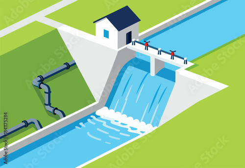 Isometric graphic depicting a dam with a small building, water flowing, pipes, and green grass