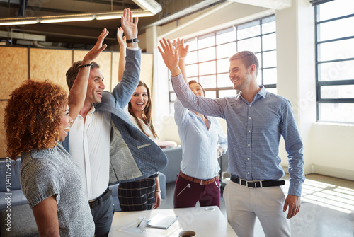 Smile, business and people cheering in office for good news, real estate success and celebration. Happy, staff or team achievement for property deal, realtor motivation and sales milestone of auction