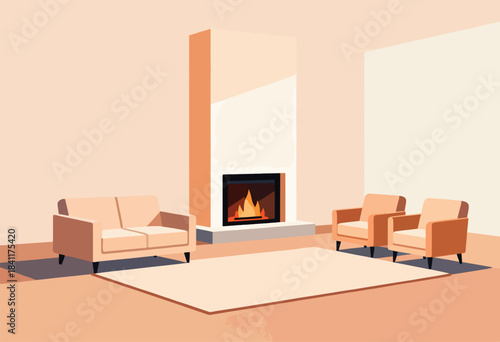 Interior illustration of a living room with sofa, armchairs, fireplace and rug, bathed in a warm, neutral color palette