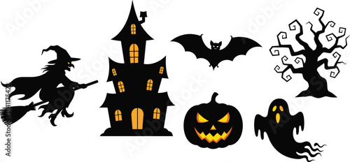 Halloween silhouettes, witch, haunted house, bat, pumpkin, ghost, spooky tree, scary icons, festive clipart, eerie elements, vector art