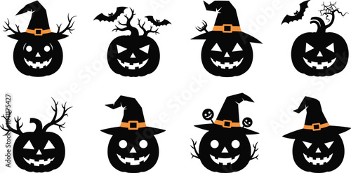 Halloween pumpkin faces, spooky silhouettes, witch hat pumpkins, bat decor, cobweb pumpkins, scary expressions, festive icons, vector clipart, eerie design