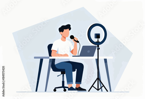 Vector illustration of a person streaming or recording with a microphone, ring light, and laptop at a desk