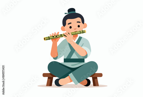 A cartoon figure, wearing traditional clothing, sits on a stool, playing a bamboo flute. White background