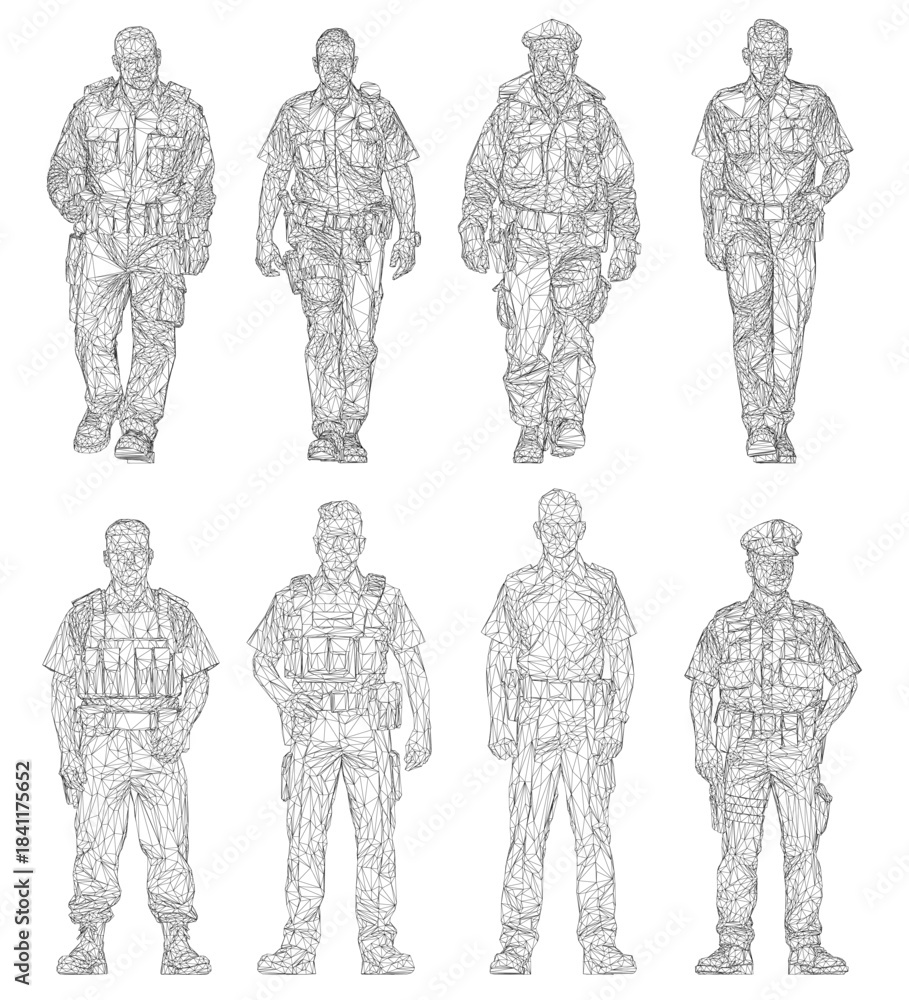 Naklejka premium Black and white soldier wireframe in various tactical poses, depicted in clean line art style against a plain white background. The uniformed male figures suggest police or special forces. Front view