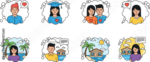 Set of Icons Representing Future Life Aspirations: Finding Love, Graduation and Education Goals, Romantic Relationships, and Achieving a Dream Vacation or Tropical Beach Home Ownership.