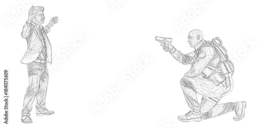 A distressed man in a suit and tie holds a gun while posed against a white background. The wireframe style suggests a police or security training simulation.