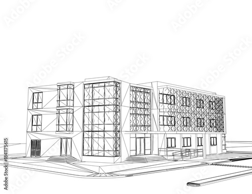 A minimalist black and white architectural contour drawing of an urban house. The detailed facade features numerous windows against a clean white background.