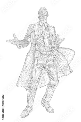 A fashionable man in a trench coat and suit extends his arms against a clean white background, styled as a doctor from a popular series.