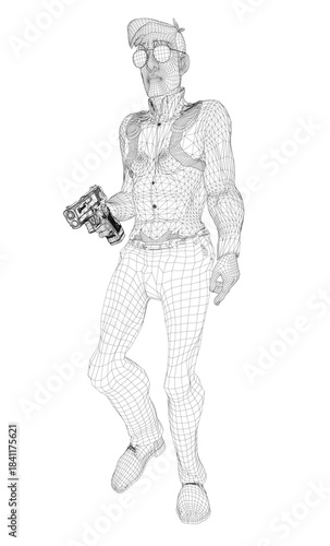 A cartoon secret agent man in a cap and glasses holds a gun, depicted as a clean 3D wireframe model on white.