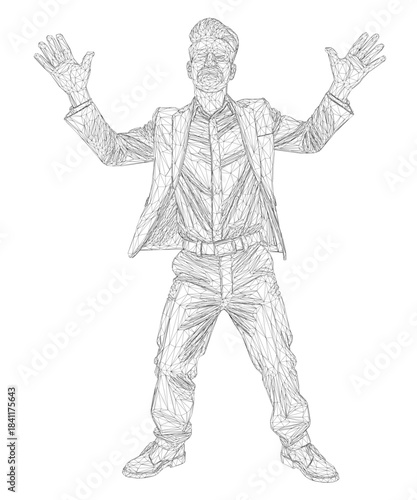 A man in a suit celebrates with outstretched arms against a clean white background. His joyful expression and the timeless black and white photography convey a classic victory.