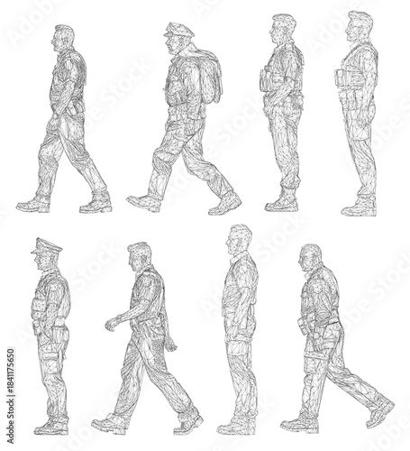 Male police officers in uniforms walk in distinct poses, each carrying a pistol in a clean white background. The minimalist wireframe illustration creates a modern and artistic. Side view