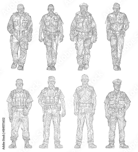 Black and white soldier wireframe in various tactical poses, depicted in clean line art style against a plain white background. The uniformed male figures suggest police or special forces. Front view