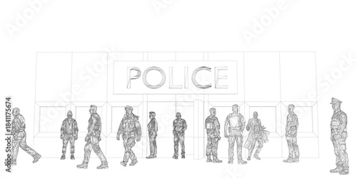 A posed line drawing of uniformed police officers standing in a row outside their station. The clean wireframe illustration features people on a white background.