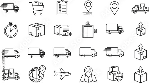 Set of Logistics and Delivery Line Icons: Shipping Truck, Package Tracking, Global Transport, E-commerce Shopping Cart, Warehouse, and Fast Delivery Service Graphics for Web and Apps.