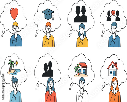 Set of People Thinking About Future Goals: Love, Education, Relationships, Career, Travel Vacation, Family, and Achieving Home Ownership and Personal Life Aspirations.