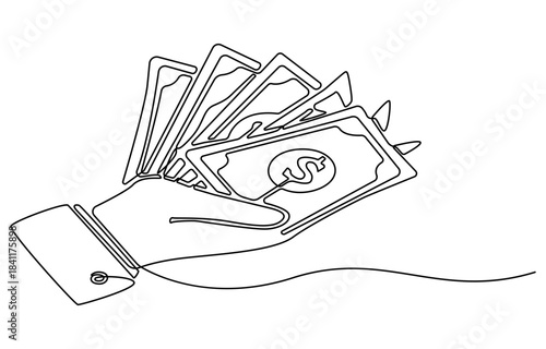 Hand holding money continuous one line drawing. Continuous Line Drawing of Payment Icon. Hand holding money continuous one line drawing. Dollar linear symbol. Savings money concept.