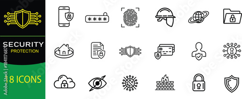 Security Protection Icons Set — Stock vector collection of Cybersecurity, Data Privacy, Password, Fingerprint, Cloud Shield Line Vector