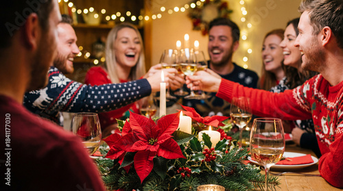 Joyful friends celebrate Christmas together, toasting with wine at a beautifully decorated dinner table with festive lights and holiday spirit.
