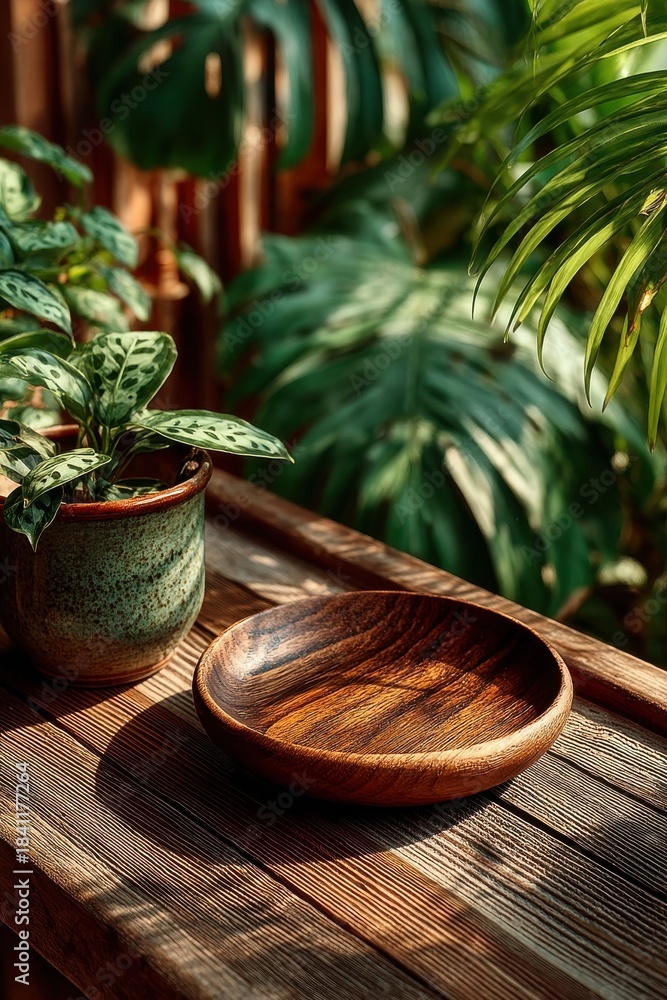 Fototapeta premium Rustic wooden table with a polished wooden bowl and potted plant in natural light decor