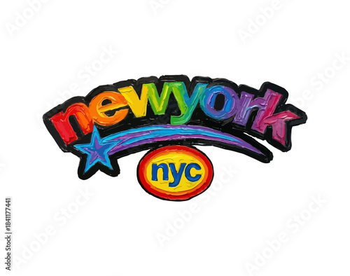 Colorful hand drawn new york city typography with shooting star. Funky retro new york badge for T-shirt print and souvenirs. Style NYC graffiti lettering. Glossy and vibrant sticker design. watercolor
