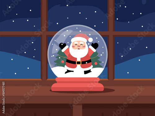 Flat Design Christmas Snow Globe on Window Sill at Night Vector