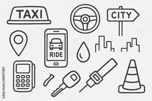 Hand-Drawn Urban Taxi & Rideshare Essentials — Playful Black and White Sketch Vector Set