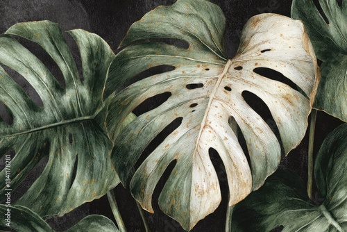 Monstera leaves with a unique variegation