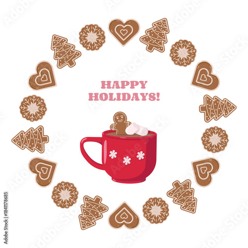 Holiday illustration with red mug of cocoa, marshmallows, and gingerbread cookie. Surrounded by festive cookies in heart, snowflake, and tree shapes. Happy Holidays text in pink above