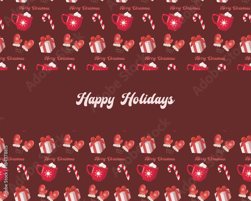 Holiday design with Happy Holidays text on deep red background. Surrounded by festive pattern of mugs, candy canes, mittens, gifts, gingerbread cookies, and Merry Christmas lettering