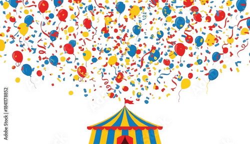 Colorful balloons floating above a festive circus big top