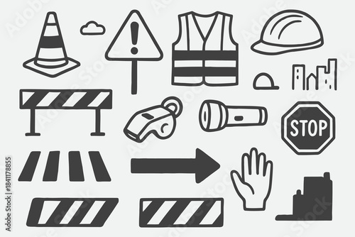 Hand-Drawn Road Safety Icons — Black & White Urban Transport Sketch Vector Set