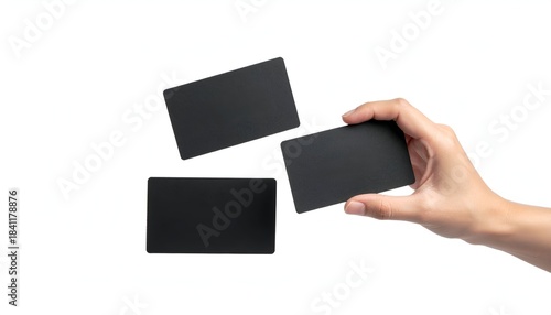 A hand holds a black card, with two others floating on a white background