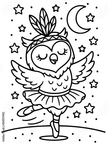 Enchanting Owl Ballerina: A graceful owl, adorned in a tutu and feathers, dances elegantly beneath the moon and stars, embodying the whimsical charm of a night's ballet performance. 