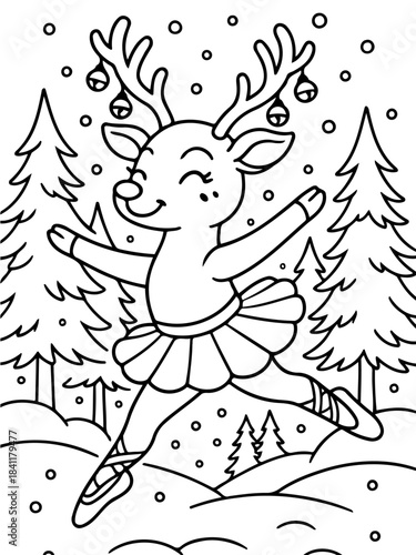 Dancing Deer: A whimsical deer twirls elegantly, donning ballet shoes and a tutu, and ornamented with festive Christmas decorations, captured amidst a winter wonderland.