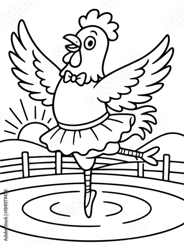 Ballet Chicken: A charming illustration depicts a whimsical chicken gracefully en pointe in a ballet pose. Against a backdrop of a tranquil countryside and a rising sun.
