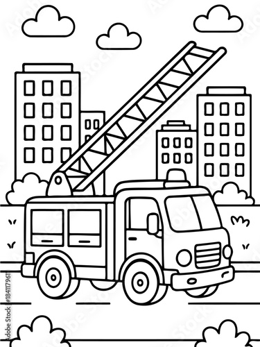 Fire Truck and Cityscape: A dynamic illustration captures a fire truck with its ladder extended, poised against a backdrop of urban buildings, inviting a sense of adventure and service. 